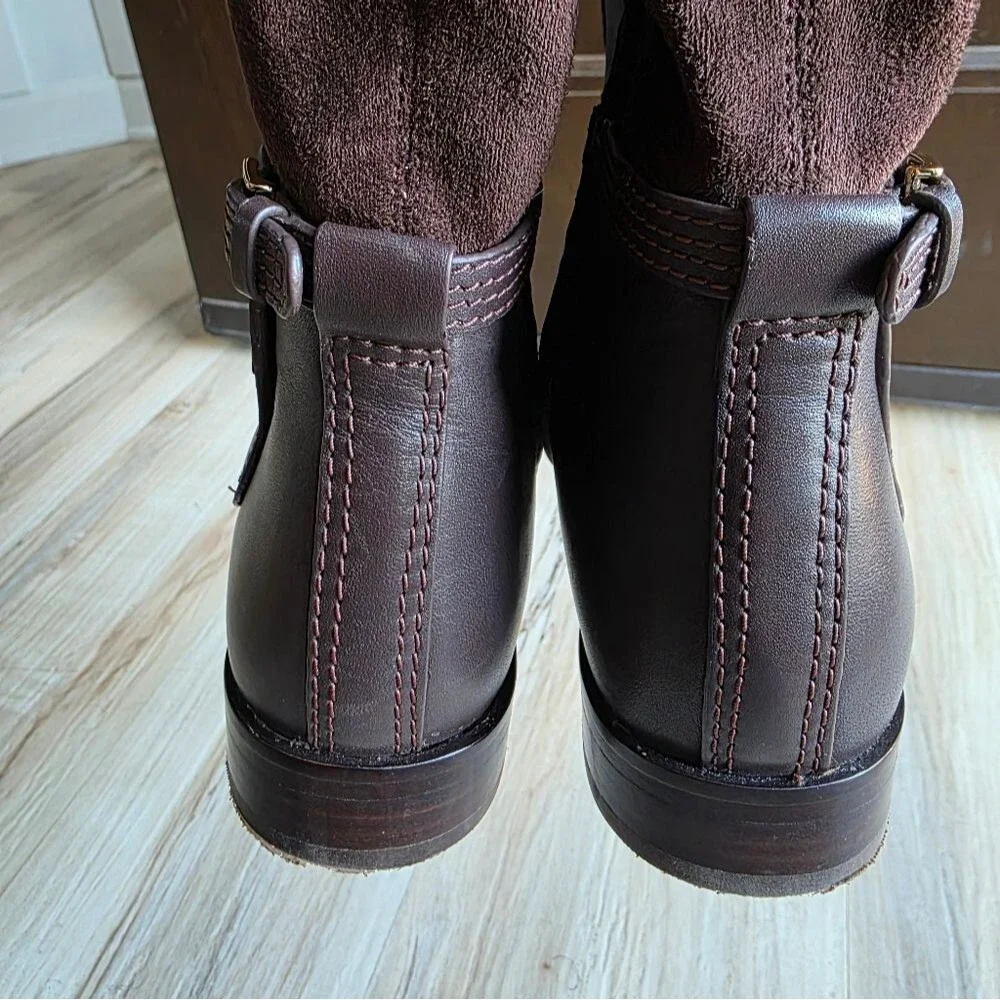 Tory Burch Wyatt Over-The-Knee Boot Brown Leather & Suede Gold Buckle 6M Riding